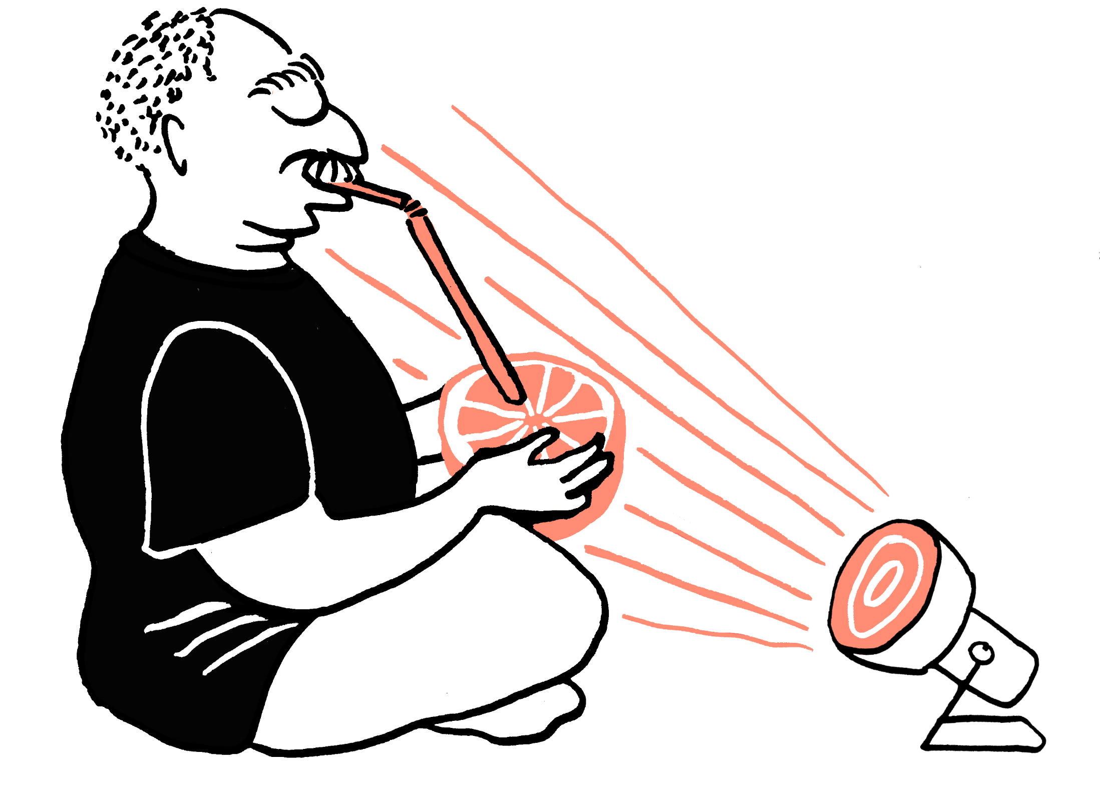 Illustration of a man soaking juice from an orange with a straw in front of an infrared lamp